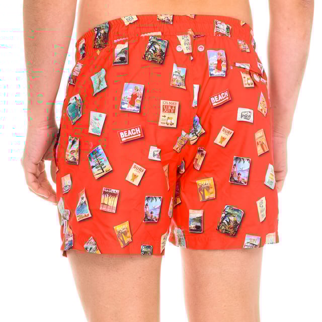 Short swimsuit with original design.
 Elastic rubber waistband, with drawstring.
 Two pockets on the sides
 Comfortable and breathable fabric.
 Pocket with button closure on the back.
 Seams seen in tone.
 Mesh lining.
 Composition: 100% polyester
 Care:
Wash at max temperature 40ºC.
 -Do not use bleach.
 -Supports dry cleaning.
 -Allows you to use a dryer.
 -Iron at max temperature. 130ºC.