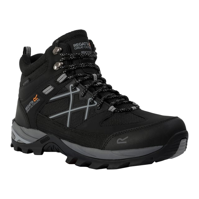 Regatta - Herren Wanderstiefel "Samaris III" (Schwarz/Graphit-Schwarz) Obermaterial: langlebig, Polyester, PU (Polyurethan), Synthetischer Stoff. Marke: Regatta. Einlegesohle: TECFOAM. Mittelsohle: EVA (Ethyl-Vinylacetat), Leicht, Stoßdämpfend. Laufsohle: Gummi, Traktionsgriff. Ösen: 8. Gewebetechnik: Atmungsaktiv, Strapazierfähig, Isotex, wasserabweisend, Wasserbeständig, Wasserfest. Abriebfest, gepolstert, Flexibel, Fersenstoßdämpfer, Geformter Kragen, Anziehlasche, Scheuerschutz, Zehenschutzkappe. Absatz: Flacher Absatz. Knöchelhoch. Design: Kontrast Detail, Logo, Aufschrift. Zehenstil: Rund. Ghillie-Schnürung.