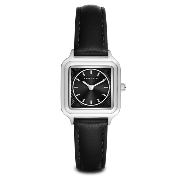 GENERAL INFORMATION:  • Targetgroup: Female  • Wristwatch: No Special Functions  • Display: analogue  • Weight of watch w/o box (gr.) - approx.: 23  MOVEMENT:  • Movement: Quartz  • Term of Movement: 2025  • Origin of movement: Japan  BRACELET:  • Material of bracelet/strap: Genuine leather  • Plating of bracelet/strap: None  • Finishing of bracelet/strap: Smooth  • Finishing/Decoration of bracelet/strap: None  • Clasp/Closure/Buckle: Buckle  • Color of bracelet/strap: Black  • Length of bracelet/strap (mm) approx.: 190,0  • Width of bracelet/strap (mm) approx.: 14,0  • Style/Design of bracelet/strap: No imprint  • Bracelet/strap adjustable?: No  CASE:  • Shape of case: Square  • Size/Diameter of case in mm . approx.: 25,0 x 32,0  • Height of case in mm: 8,1  • Case material: Metal (Alloy)  • Surface of case: Polished  • Bezel/Topring: Fixed  • Finishing/Decoration of case: None  • Material of case back: Stainless steel  • Lock of case back: No screwed-in crown  • Color of case: Silver  • Coating/Plating (Case): None  • Type/Form of crystal: Flat  • Material of crystal: Mineral crystal  DIAL:  • Size jewelry care cloth: Hour, Minute  • Indices: Line indices  • Material of dial: Brass  • Structure/pattern of dial: Flat/sunray  • Color of dial: Black  PUSHER, CROWN, HAND:  • Pusher: None  • Corrector: No  • Crown: No screwed-in crown  • Type of hands: Pole hand  • Luminescent (hands): No  PACKAGING & SCOPE OF DELIVERY:  • Box: Yes  • Service booklet: Yes  • Manual: Yes