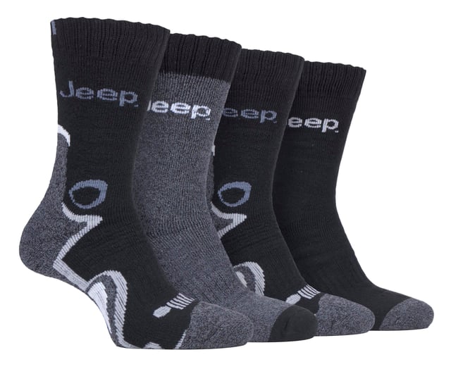 Jeep socks are crafted and designed for the great outdoors. For thick, durable, and reliable socks, these men's Jeep range socks are for you. This Jeep collection is designed for the active man who likes to spend his time in rugged terrain – with specialist socks available for hiking, walking and skiing. A selection of men's Jeep socks is also available in gift boxes, making them a great present for that active man in your life. Let your feet breathe in these soft terry cushioned poly cotton blend boot socks. Available in a pack of 4, these performance polyester socks are ideal to wear for everyday outdoor activities. Whether you're heading out for a long trek or a short hike, these socks have a elasticated arch support system that holds snug to your skin. These socks ensure impact protection, shock absorption, moisture management and boot-filling warmth, with support from their soft and breathable qualities. These socks are made from 68% Polyester, 28% Cotton, 4% Viscose, 1% Elastodiene. They are available in sizes 6-11 UK. They are available in Black/Charcoal, Brown/Earth, Charcoal/Grey. They come in a pack of 4.