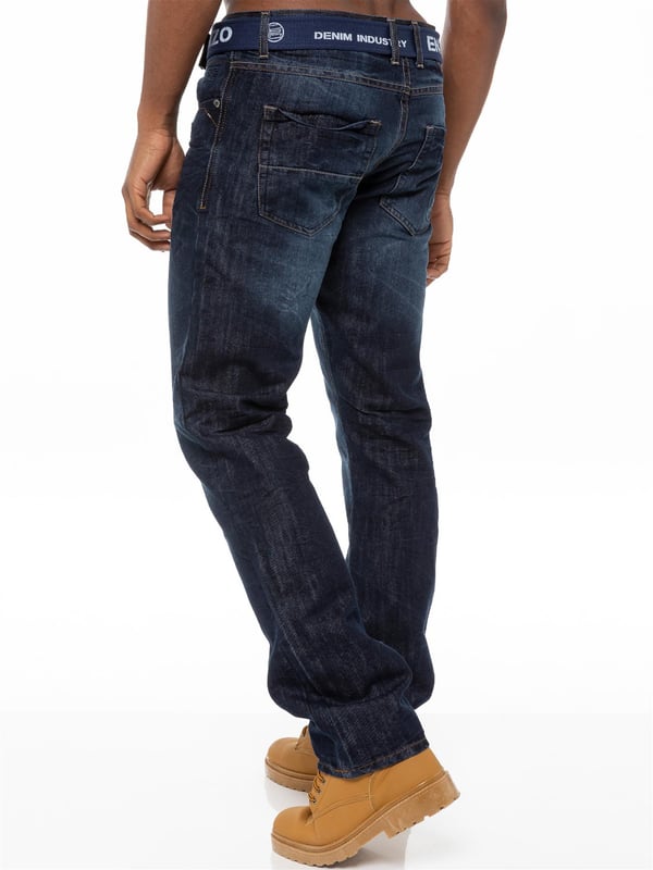 Enzo Mens Designer Straight Leg Stretch jeans. 5 pockets, Button Fly. Free Branded Belt Included. Branded Rivets and Buttons. Embossed Logo Branding on the Front, Back pocket.