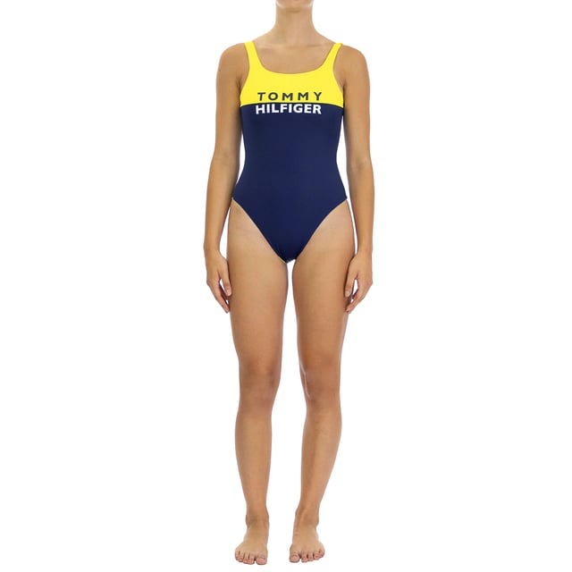 85% Polyester, 15% Elastane; Tommy Hilfiger swimming suit;  Model: UW0UW02083-ZGT-XS;  High quality processed;  Slim fit;  Deep back cut;  Tommy Hilfiger logo details