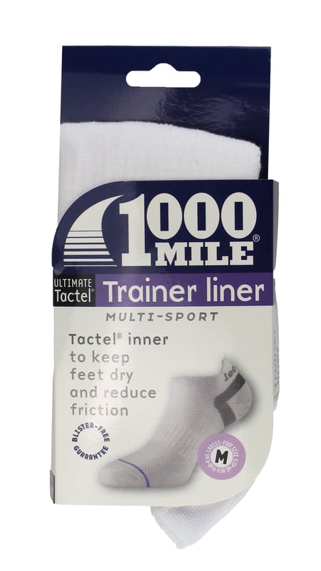 1000 Mile Women's Trainer Liner Socks Double LayerIntroducing the Women's 1000 Mile Tactel® Trainer Sock, a discreet and comfortable solution for those who prefer hidden socks. Crafted with a double layer design, this sock combines a Tactel® inner layer to protect against friction and wick away moisture, ensuring a cool and dry feel. The blend of fibers and top venting maintains a comfortable temperature, while arch bracing offers extra support.Enjoy the benefits of our BLISTER-FREE GUARANTEE, thanks to the double layer construction that minimizes friction and prevents blisters. Designed to complement trainer-style shoes, the slightly higher tab protects the ankle from rubbing, and our innovative Heel Power technology keeps the socks securely in place.Made with Tactel® specialty fiber, these socks are incredibly soft, lightweight, breathable, and durable. Compared to other fibers, Tactel® is twice as soft, 20% lighter, and dries 8 times faster than cotton.Experience the ultimate comfort and moisture management with our Tactel® Trainer Sock lineExtra Product DetailsDiscreet and comfortable hidden sock solution.Double layer design protects against friction and moisture.Maintains a cool and dry feel with top venting.BLISTER-FREE GUARANTEE for ultimate comfort.Complements trainer-style shoes with ankle protection.Innovative Heel Power technology keeps socks in place.Incredibly soft, lightweight, breathable, and durable.Tactel® fiber: twice as soft, 20% lighter, dries 8x faster than cotton.