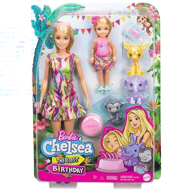Barbie and Chelsea The Lost Birthday Dolls and Pets

Dolls and playsets inspired by Barbie and Chelsea The Lost Birthday take young imaginations on travel adventures packed with exploration and animal friends! These sisters are celebrating the Chelsea doll's birthday, and young imaginations are invited to join the fun. Three animal friends are invited, too -- this playset inspires sweet friendship stories with a baby giraffe, elephant, and monkey! Barbie doll and Chelsea doll are party-ready in island-inspired fashions and accessories, and themed pieces like a cake and present set the scene for a wild celebration. Dolls cannot stand alone. Colours and decorations may vary.

Features:

​Dolls and playsets inspired by Barbie and Chelsea The Lost Birthday take young imaginations on travel adventures packed with exploration and animal friends.
​Kids can throw Chelsea the ultimate jungle birthday party with this playset featuring a Barbie doll, a Chelsea doll, and 3 baby animals.
​Get the party started with three adorable animal friends including a baby giraffe, elephant, and monkey.
​Birthday-themed accessories like a cake and gift for Chelsea set the scene for the celebration.
​Barbie doll and Chelsea doll are party-ready in island-inspired looks with matching shoes and accessories like sunglasses and a headband.
​This Barbie and Chelsea The Lost Birthday playset make a great gift for young adventurers ages 3 to 7 years old, especially those who love animals.

Box contains: 

1x Barbie doll
1x Chelsea doll
2x Pair of shoes
1x Sunglasses
1x Headband
1x Birthday cake
1x Gift
3x Animal set