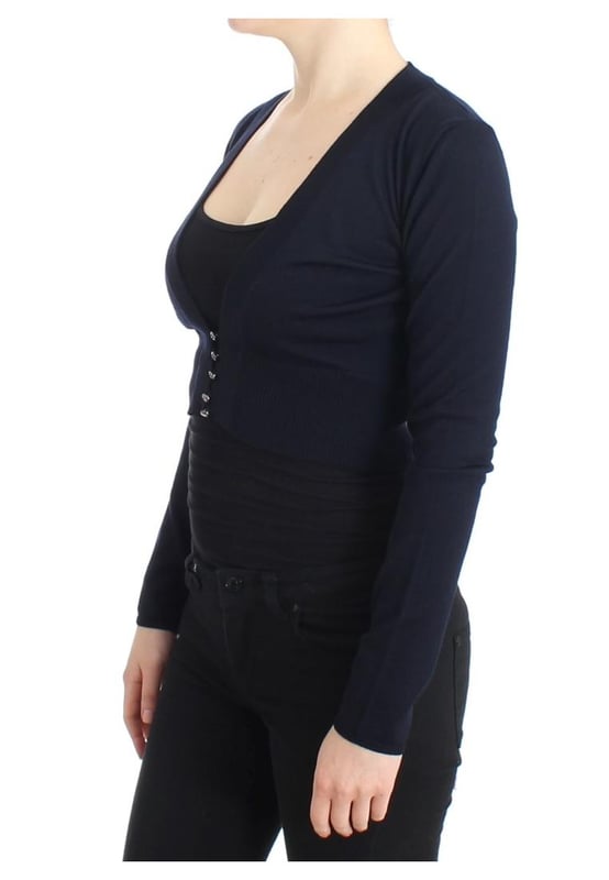 Brand: Class Roberto Cavalli
  Material: 100% Virgin Wool
  Color: Blue
  Style: Cropped Cardigan
  Button closure in the front
  Logo details
  Original tags and store bag included
  Gender: Women