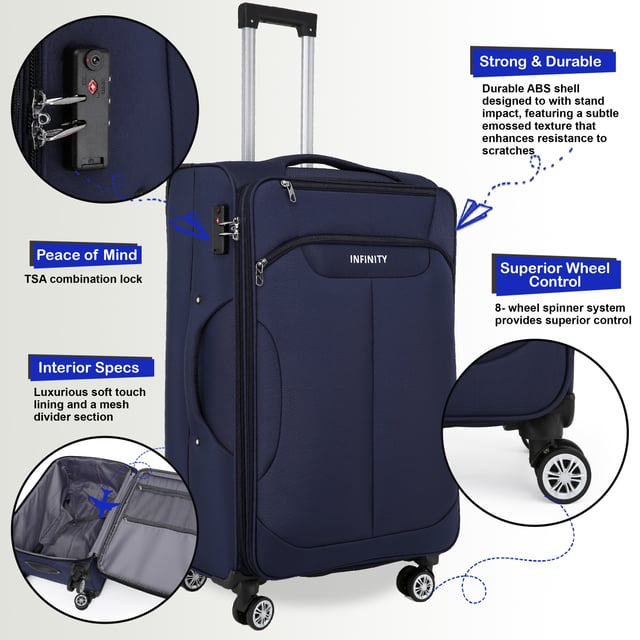 Upgrade uw reisbenodigdheden met de 8-wiel lichtgewicht marineblauwe koffers, ontworpen voor stijl, duurzaamheid en bruikbaarheid. Deze soft-shell bagageset is gemaakt van hoogwaardig nylon en biedt een strak uiterlijk en uitzonderlijke prestaties voor al uw reizen. Kenmerken: Lichtgewicht nylon materiaal: Duurzaam maar lichtgewicht, waardoor het gemakkelijk te hanteren is en langdurig gebruik garandeert. Soft-Shell ontwerp: Biedt flexibiliteit en veerkracht om schokken tijdens het reizen te absorberen. Veilig TSA-slot: Houdt uw bezittingen veilig en TSA-conform voor naadloze veiligheidscontroles op de luchthaven. 4X dubbele wielen met 360° mobiliteit: Zorgt voor moeiteloze manoeuvreerbaarheid over verschillende oppervlakken. Ergonomische telescopische handgreep: Ontworpen voor comfort en eenvoudige bediening. Georganiseerd interieur: Inclusief spanriemen, compartimenten met rits en gaasverdelers voor probleemloos inpakken. Beschikbare maten en specificaties: Cabine: Afmetingen: 36,5 x 23,5 x 58 cm Gewicht: 2,50 kg Capaciteit: 43L Medium: Afmetingen: 42 x 26 x 67 cm Gewicht: 3,40 kg Capaciteit: 64L Groot: Afmetingen: 48 x 30 x 76 cm Gewicht: 4,30 kg Capaciteit: 98L Deze veelzijdige koffers zijn perfect voor alle soorten reizen, of het nu een korte reis of een langere vakantie is. Het strakke zwarte ontwerp zorgt voor tijdloze elegantie, terwijl de lichtgewicht constructie en geavanceerde functies ongeëvenaard gemak bieden. - Let op: Selecteer de gewenste maat. Maten worden afzonderlijk verkocht, niet in sets.