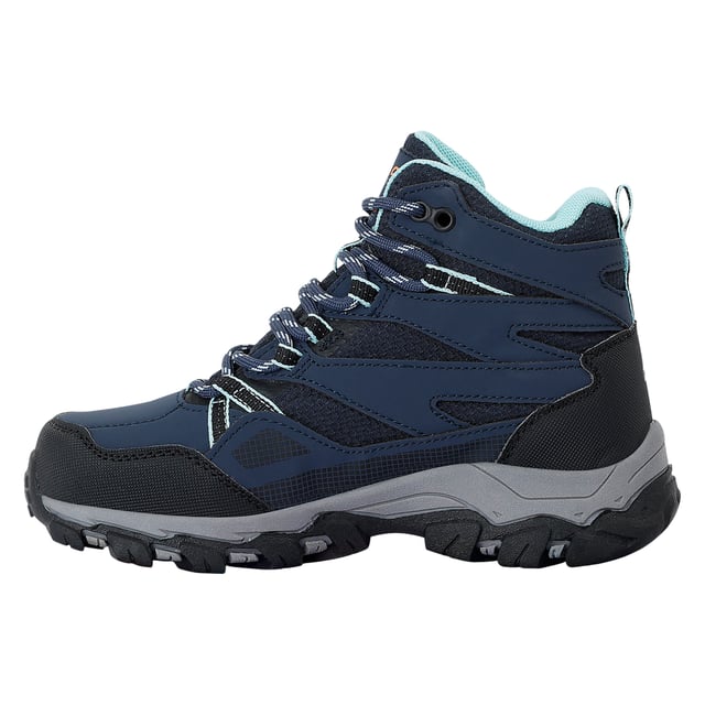 Regatta Childrens/Kids Holcombe III Walking Boots (Navy/Aruba Blue) Upper: Durable, Synthetic, Water Resistant. Fabric: TECFOAM. Insole: Isotex Membrane, Synthetic. Midsole: XLT. Outsole: Duo Grip, Stability Plates, Synthetic. Fabric Technology: Breathable, Isotex, Waterproof. Covered Vamp, Foam Collar, Padded Tongue, Pull Tab. Flat. Cut: Ankle. Design: Contrast, Logo, Printed, Text. Toe Style: Cap. Fastening: Lace Up, Slip-In.
