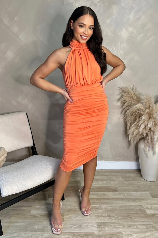 Peach bodycon midi dress clearance