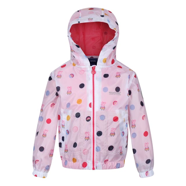 Material: 100% Polyester. Lining: Comfort, Mesh, Polyester, Taffeta. Fabric: Hydrafort. Design: Badge, Cartoon, Crest, Polka Dot. Trim: Reflective. All-Over Print, Lined, Printed Name label, Taped Seam. Fabric Technology: DWR Finish, Waterproof. Cuff: Elasticated. Neckline: Hooded. Sleeve-Type: Long-Sleeved. Hood Features: Elasticated, Grown On Hood. Length: Hip Length. Pockets: 2 Lower Pockets. Fastening: Zip. Hem: Elasticated. 100% Officially Licensed. Characters: Peppa Pig.