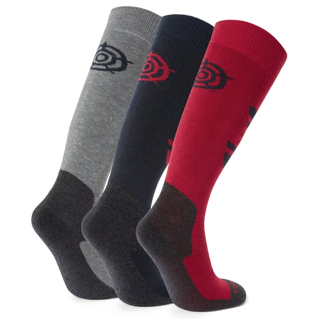 Our Bergenz Ski Socks are designed to be the perfect ski sock for anybody, no matter their level of ski expertise. Made from an ultra comfy merino blend, these socks have comfort at their core. Key sections of the sock are cushioned to prevent blistering and discomfort on the skin, keeping the cushioning focussed on key, high-contact, parts of the foot and shin stops these socks being too heavy and cumbersome, ensuring great flexibility on the slopes. Re-inforced heel and toe areas offer additional protection and non-slip cuff grips keep your socks where you need them to be. These 3 Packs give you 3 pairs of socks in a range of colours, so you can look as good as you feel.