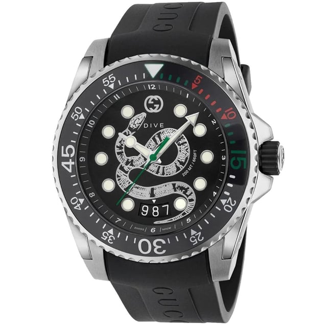 Manufacturer Product Number: YA136217 Brand: GUCCI Watch Markers: Dots Water Resistant: 200 Meters (suitable for diving) Recipient: Men's Movement: Quartz Case Material: Stainless Steel Dial Colour: Black Strap Material: Rubber Diameter: 45mm Brand Collections: Gucci Dive