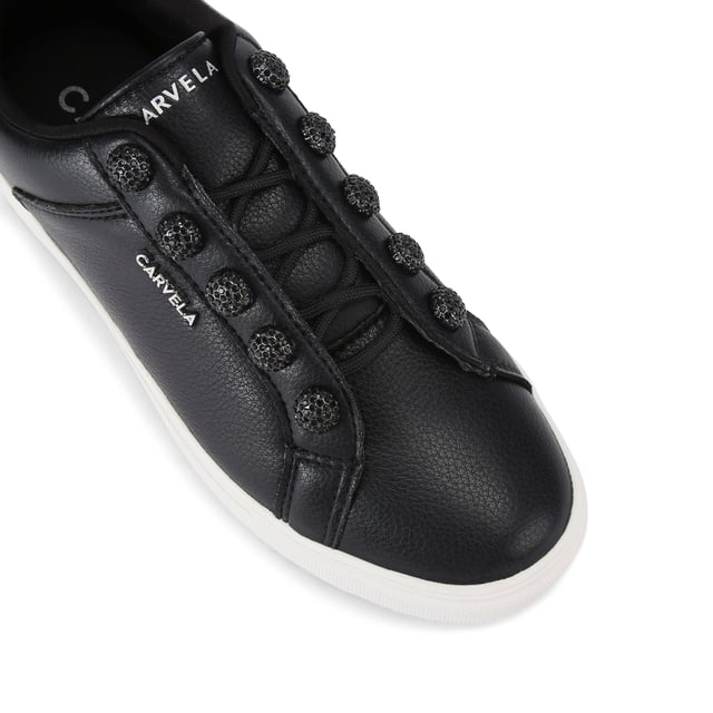 This Carvela Triumph trainer features a black leather alternative upper with slight texture. There are black crystal embellished studs across the eye stay. The tongue and heel both feature branding.