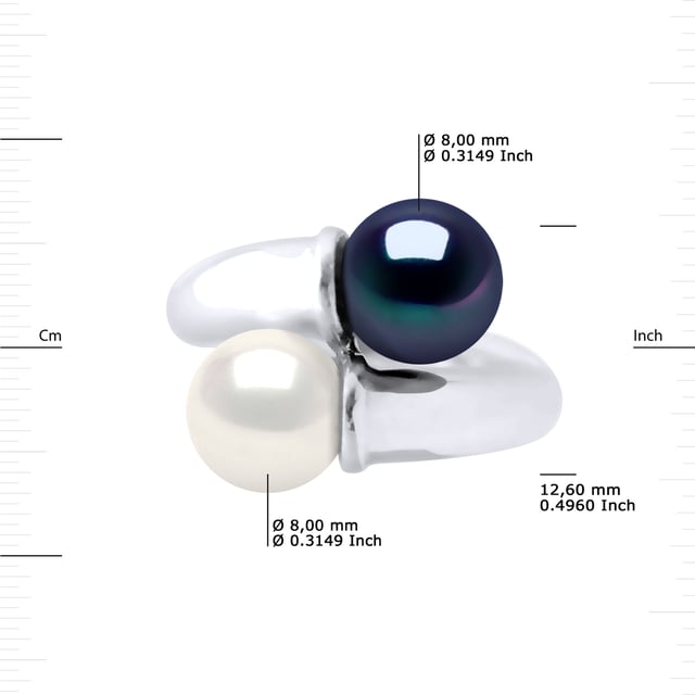 Ring YOU & I - Part II true Cultured Freshwater Pearls 8-9 mm , 0,31 in -925 Sterling Silver Rhodium-plated - Natural White Color and Black Tahitian Style Color Size avalaible from 48 to 62 , J to U - Our jewellery is made in France and will be delivered in a gift box accompanied by a Certificate of Authenticity and International Warranty