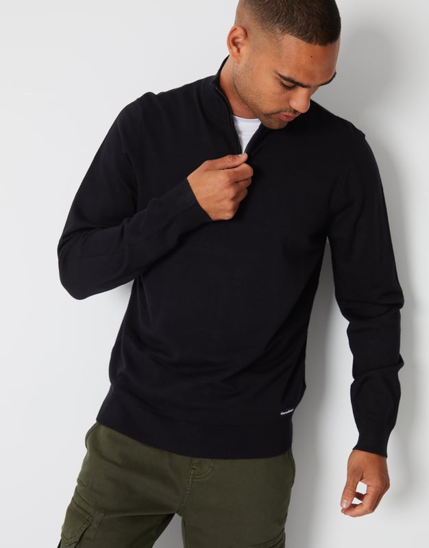 Black Tucci Funnel Neck Quarter Zip Knitted Jumper