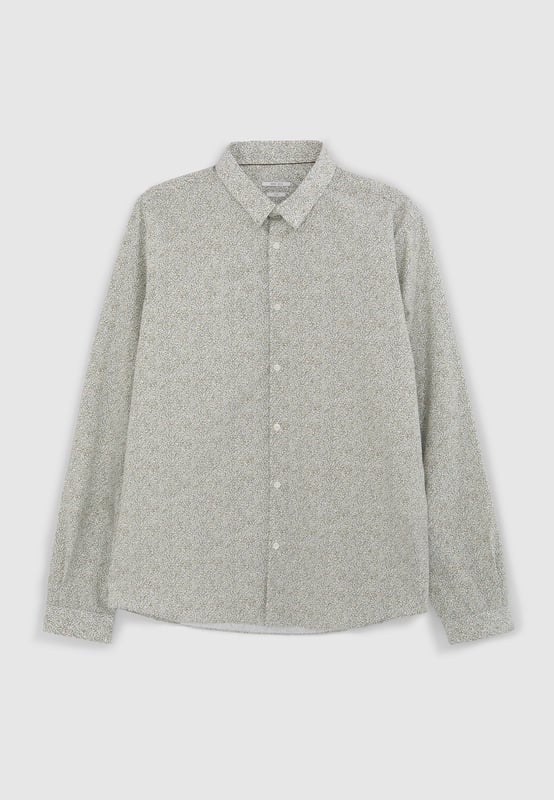 This pistachio printed shirt with leaf pattern in cotton has collared neck and long sleeves with button fastening. Slim fit.