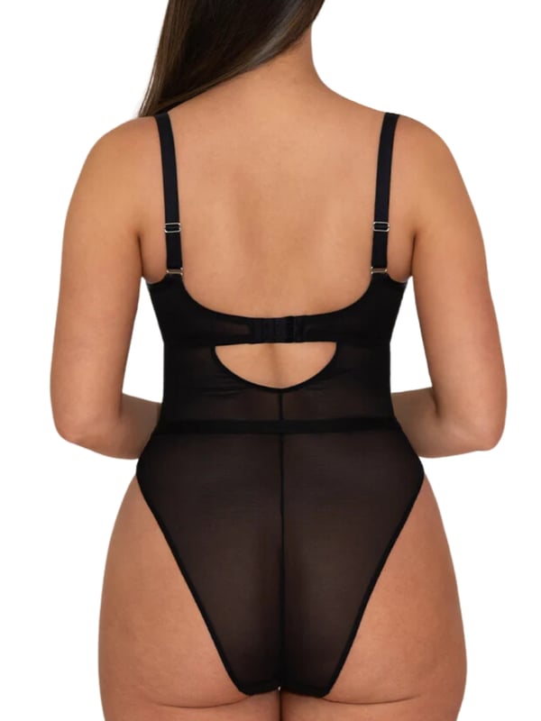 Curvy Kate Lucky Star Bodysuit. Underwired non padded bodysuit with a plunge neckline, pleather and sheer mesh panelling, fully adjustable non slip straps and a cotton lined hook and eye fastening gusset. The product is recommended for hand wash only.