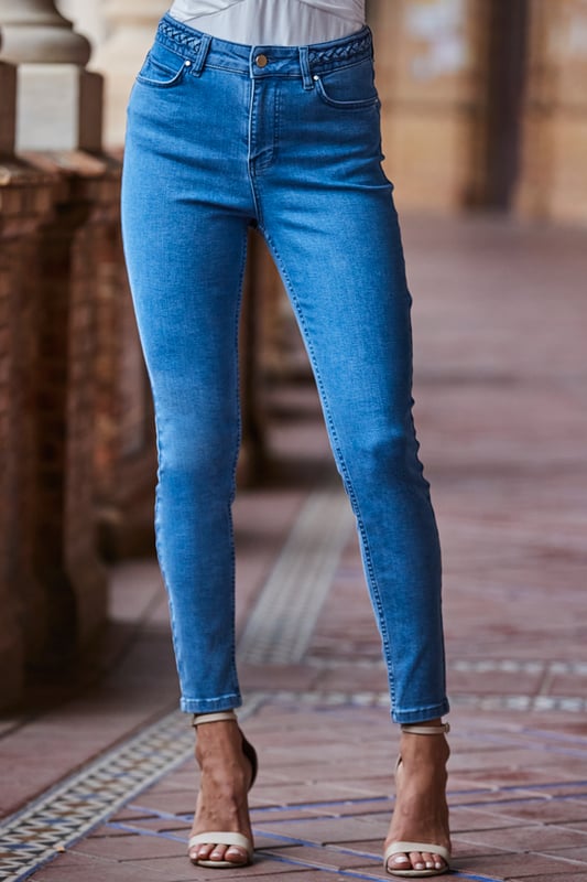 REASONS TO BUY:

Your go-to skinnies with a Sosandar twist
Statement braided waist detail
Our denim is so soft and stretchy
Classic skinny fit
Go-with-everything blue wash
Going-out tops, knits, tees - every top goes

Inside leg to fit: Short 29" | Regular 31" | Long 33"