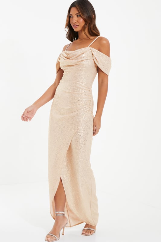 Gold Glitter Bardot Wrap Maxi Dress