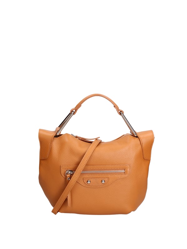 Bolso de mujer. El cierre es con cremallera. Los bolsillos internos son uno con cremallera y otro abierto. Los bolsillos externos son uno frontal con cremallera. La bandolera es ajustable y extraíble en piel. El mango es de cuero. Hay un compartimento interno. El material exterior es piel auténtica tipo dólar. Internamente está forrado en tejido 70% algodón - 30% poliéster. Medidas: 29x20x9 cm. Hecho en Italia
