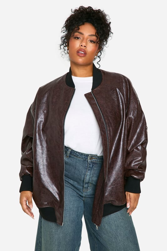 Plus Cracked Faux Leather Oversized Bomber Jacket boohoo PlusYou’ll find full on fashion for the fuller figure with the boohoo Plus range. Delivering directional designs for UK sizes 16 to 24, this ultra-flattering collection combines perfectly proportioned fits with statement styles so that you can stay on top of this season’s trends.
