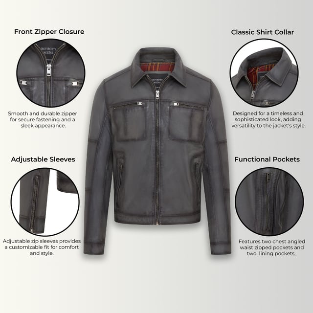 This Harrington biker jacket is a timeless classic, crafted from premium lamb leather with a vintage rub-off finish for a distinctive, worn-in look. Designed with functionality and style in mind, it features four outer zipped pockets and two internal pockets for practicality, along with a soft cotton lining for added comfort. The jacket’s sleek design, durable construction, and retro vibe make it an ideal choice for both casual outings and biker enthusiasts.

Premium lamb leather with a unique vintage rub-off finish.
Soft cotton lining for maximum comfort.
Four outer zipped pockets and two internal pockets for ample storage.
Classic Harrington collar for timeless style.
Durable front zip closure for easy wear.
Perfect for casual wear or adding a retro touch to your wardrobe.