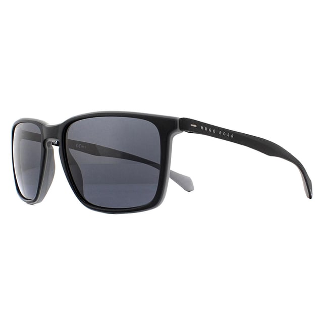 Hugo Boss Sunglasses 1114/S O6W IR Dark Grey Grey are a classic and versatile rectangular style made entirely of lightweight plastic. The outer edge of the frame front is coloured to match the Hugo Boss lettering on the temples and the inside of the temple tips.