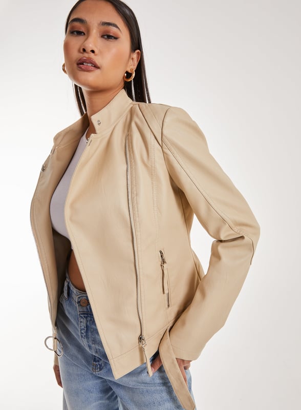 Featuring a stone faux leather material and buckle detailing. Team this PU Biker Jacket with your existing wardrobe pieces for an everyday look we love.