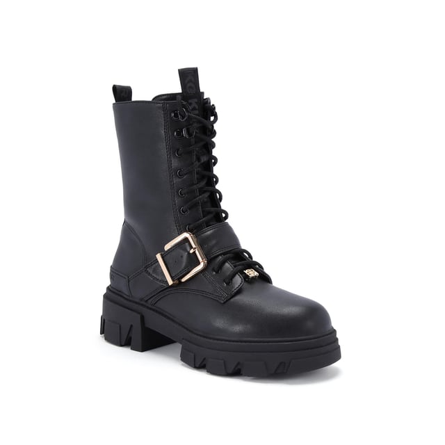 The KG Kurt Geiger Trekker Smart ankle boots feature a black upper with higher ankle. The front laces up with gold tone buckle across the foot. There are two KG Kurt Geiger pull tabs at the front and back of the ankle. Sole height: 55mm