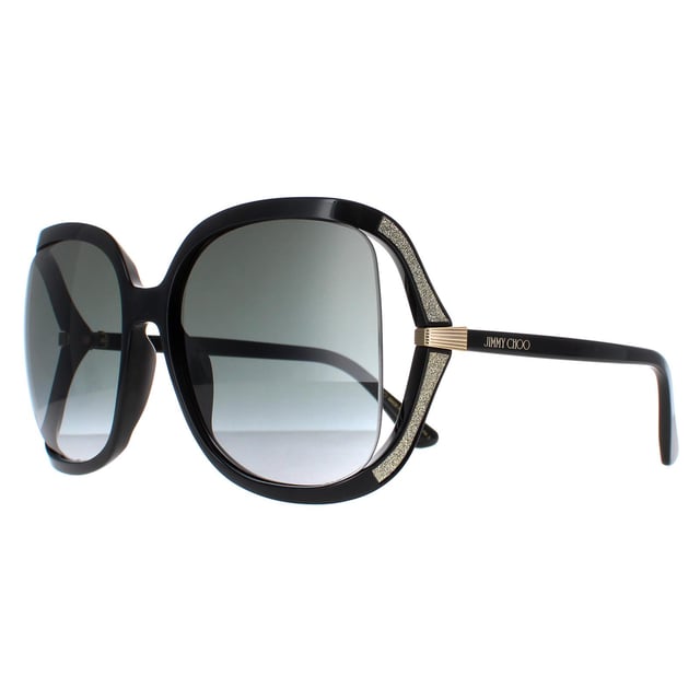 Jimmy Choo Butterfly Womens Black Dark Grey Gradient TILDA/G/S  Sunglasses are a stunning butterfly style which feature a cool gap at the sides where the sunglasses start to wrap around the face. This is embellished with sparkly glitter like finish and a funky hinge design.