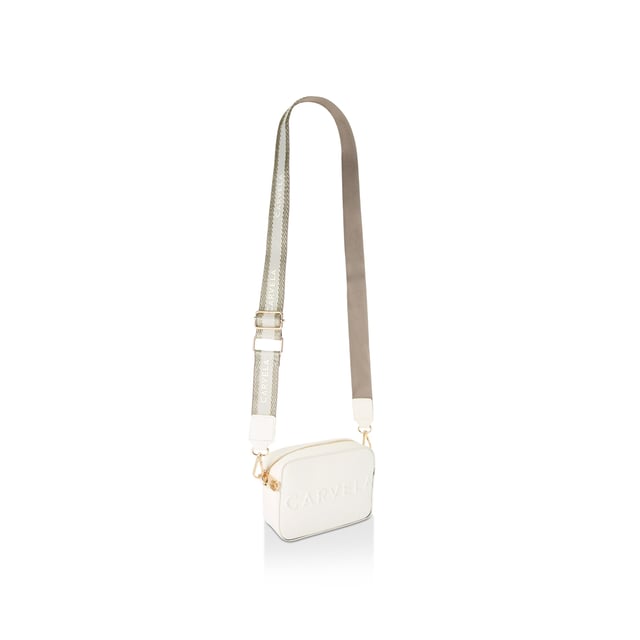 The Carvela Mini Frame Cross Body bag features a bone textured exterior with embossed branding on the front. The bag is fastened with gone tone Icon C zipper. Dimensions: 12cm (H), 17cm (W), 6.5cm (D). Strap length: 126cm.