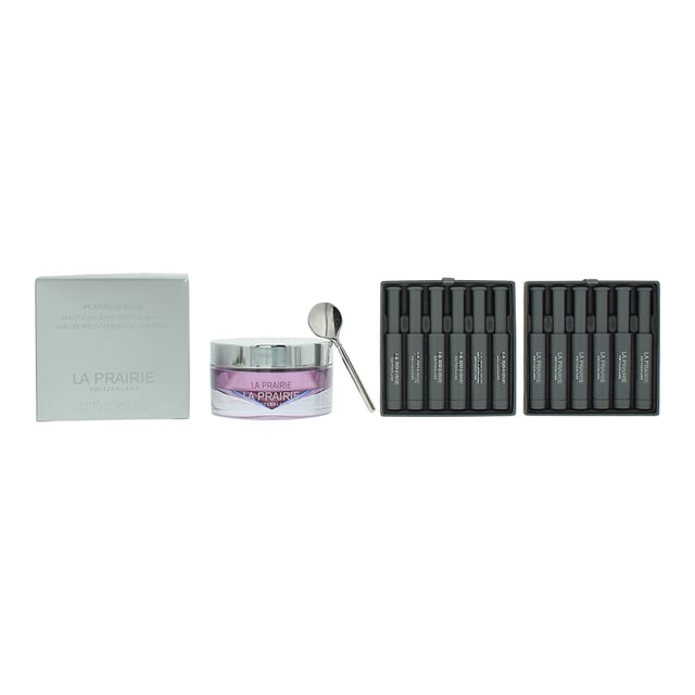 The La Prairie Platinum Rare Haute-Rejuvenation Gift Set includes an Overnight Mask and 12 vials of serum both designed to enhance skin rejuvenation. The Overnight Mask deeply hydrates and revitalizes the skin while you sleep, working to restore firmness and smoothness for a more youthful appearance by morning. Its rich, indulgent texture envelops the skin, delivering essential nutrients and helping to reduce the visible signs of aging. The serum, infused with potent ingredients, targets fine lines and wrinkles, promoting a radiant and plump complexion. Each vial ensures optimal freshness and effectiveness, allowing you to experience the transformative power of La Prairie’s cutting-edge skincare. Together, these products offer a luxurious and effective regimen for those seeking to achieve luminous, youthful skin.