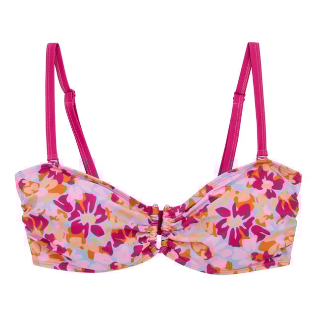 85% Recycled Polyester, 15% Elastane. Design: All-Over Print, Floral. Fastening: Clasp. Neckline: Sweetheart. Adjustable Shoulder Strap, Metal Detail, Multiway. Fabric Technology: UV Protection. Sun Rating: UPF 50+.