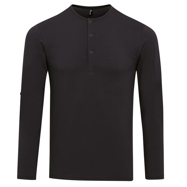 Long sleeve tee. Features roll sleeve capabilities with button tab on the inside of the sleeve to secure in place. Round neck style with three a button placket. Twin-needle stitching to the hem and cuff. Washing instructions: domestic wash at 40 degrees.
