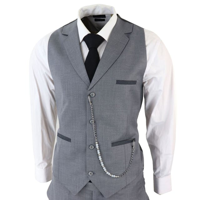 Step into sophistication with our Classic and Elegant Design men's 3-piece suit, featuring a timeless Grey color with contrasting pocket trims and a sophisticated textured pattern fabric, perfect for formal occasions. Product Design Bullet Points:  
Versatile Formal Attire: Suitable for weddings, business events, or special occasions, ensuring a sharp and well-dressed look. 
Complete 3-Piece Set: Includes a jacket, vest, trousers, and pocket chain for a polished and coordinated outfit. 
Premium Material: Crafted from high-quality materials for comfort and durability, ensuring long-lasting style. 
Sophisticated Textured Pattern Fabric: Adds a touch of elegance and refinement to your formal ensemble. 
Contrasting Pocket Trims: Enhances the visual appeal of the suit, adding depth and dimension to your look.  Made from a blend of 65% Polyester, 32% Viscose, and 3% Lycra for a comfortable and stylish finishSizes	Jacket & Trouser Size
36R :	36" (Chest) 30" (Waist)
38R :	38" (Chest) 32" (Waist)
40R :	40" (Chest) 34" (Waist)
42R : 	42" (Chest) 36" (Waist)
44R :	44" (Chest) 38" (Waist)
46R : 	46" (Chest) 40" (Waist)
48R :	48" (Chest) 42" (Waist)
50R :	50" (Chest) 44" (Waist)
52R :	52" (Chest) 46" (Waist)
54R :	54" (Chest) 48" (Waist)