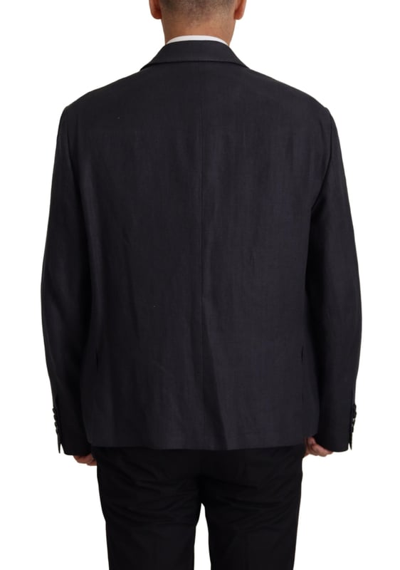 Model: Blazer jacket sport coat
  Style: Double breasted one button
  Fitting: Slim
  Colour: Dark blue
  Three outside pockets and two inside pockets
  One open vent in the back
  Logo details
  Made in Italy
  Material: 100% Linen
  Lining: 100% Silk
Material: 100% Linen