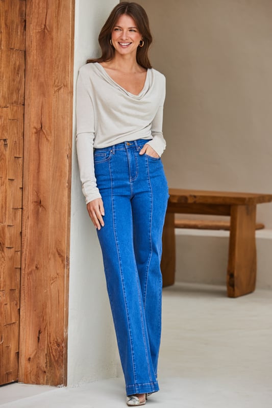 REASONS TO BUY:

Add them to your denim line-up
Crafted from our signature soft stretch denim
Fresh bright blue wash
Pintuck seam creates the illusion of endless legs
Trending wide-leg cut: flattering and comfy
Day or night, dressed up or down

Inside leg to fit: Short 29" | Regular 31" | Long 33"