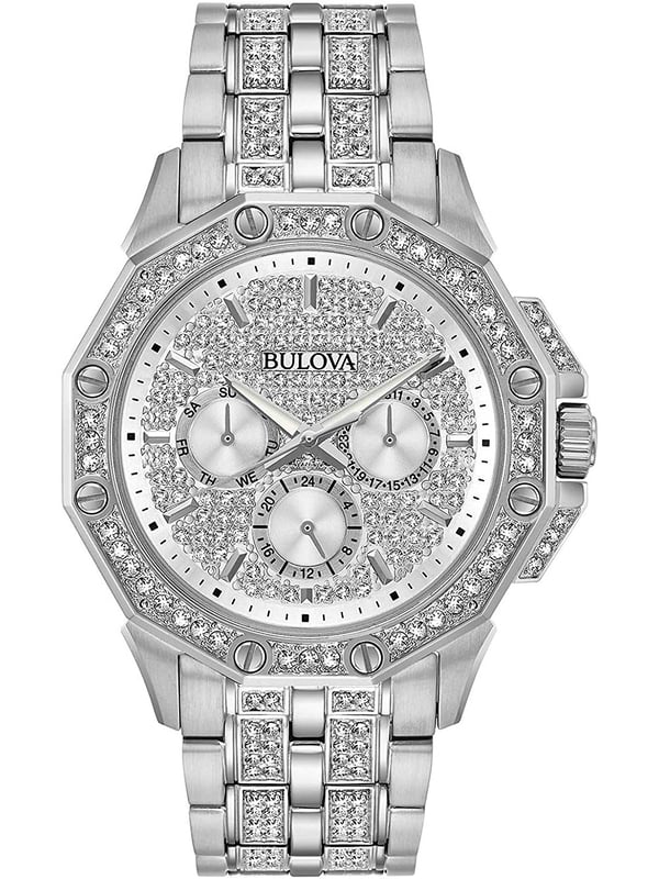 This Bulova Crystal Multi Dial Watch for Men is the perfect timepiece to wear or to gift. It's Silver 42 mm Round case combined with the comfortable Silver Stainless steel watch band will ensure you enjoy this stunning timepiece without any compromise. Operated by a high quality Quartz movement and water resistant to 3 bars, your watch will keep ticking. This elegant, fashionable watch set with beautiful stones is a perfect gift for New Year, birthday,valentine's day and so on -The watch has a calendar function: Day-Date, 24-hour Display, Luminous Hands High quality 21 cm length and 21 mm width Silver Stainless steel strap with a Deployment clasp Case diameter: 42 mm,case thickness: 11 mm, case colour: Silver and dial colour: Silver