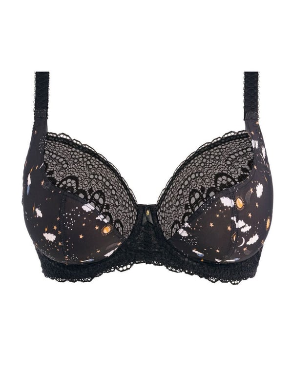 Freya's Daydreaming Plunge Bra with a floral print. With a low centre front, crochet-look lace top cup and fully adjustable straps. They are finished with a bow and silver disk charm. The product is recommended to be hand-wash only.