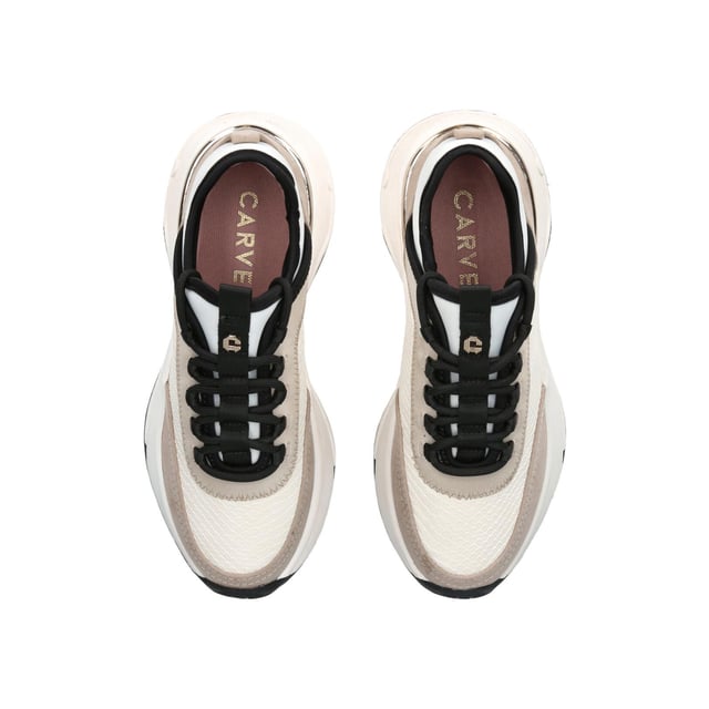 This Carvela Swift Runner trainer features a beige upper with snake embossed panels and a metallic eye stay. The front laces up with branded tab at the tongue.