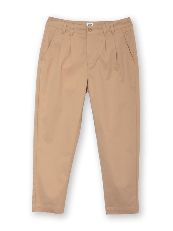 98% organic cotton 2% elastane | Beige | Twill fabric with a little bit of stretch | Apple enzyme washed for a soft hand feel | Zip and coconut button opening | Functional belt loops | Side pockets and back welt pockets | Cropped slim leg | Front pleating detail for a flattering fit | Made in Turkey | Machine washable at 40 degrees, or at 30 degrees to be kinder to the planet