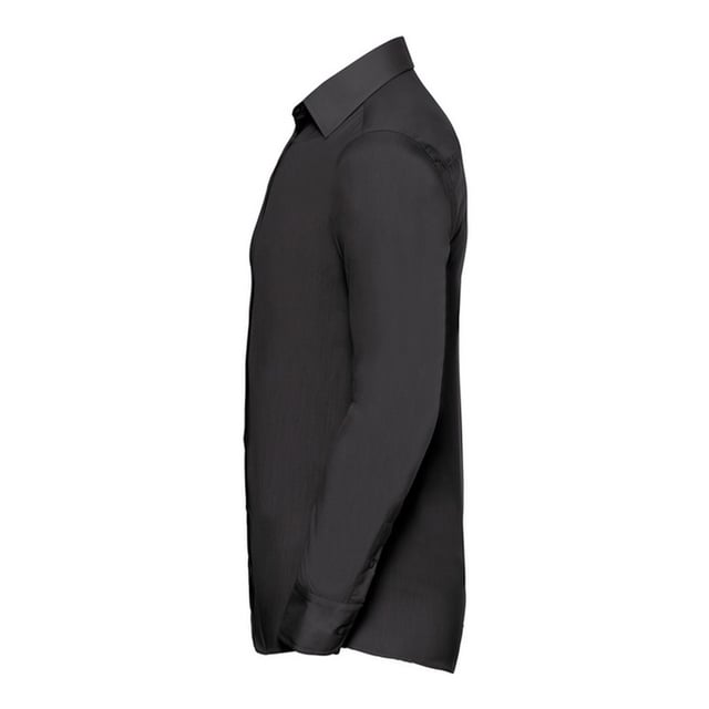 65% Polyester, 35% Cotton. Fabric: Poplin. Design: Plain. Cuff: Adjustable, Double Button. Hem: Curved. Sleeve-Type: Long-Sleeved. Neckline: Semi-Cutaway Boned Collar. Fabric Technology: Lightweight. Back Yoke, Double Folded Seams. Fit: Tailored. 105gsm. Sustainability: Amfori, Better Cotton Initiative, BSCI, Fair Labor Association, Oeko-Tex Standard 100 Certified. Suitable for: Cufflinks, Embroidery.