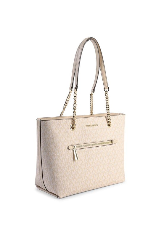 Elegante bolso de mano de Michael Kors.
  Detalle de cremallera frontal y cadena.
  Fabricado con un 894 % de PVC un 96 % de poliester y un 1 % de poliuretano.
  Medidas 32X25X14 cm.
  Color nude.
  Hecho en Myanmar.
  Disenado para mujeres.