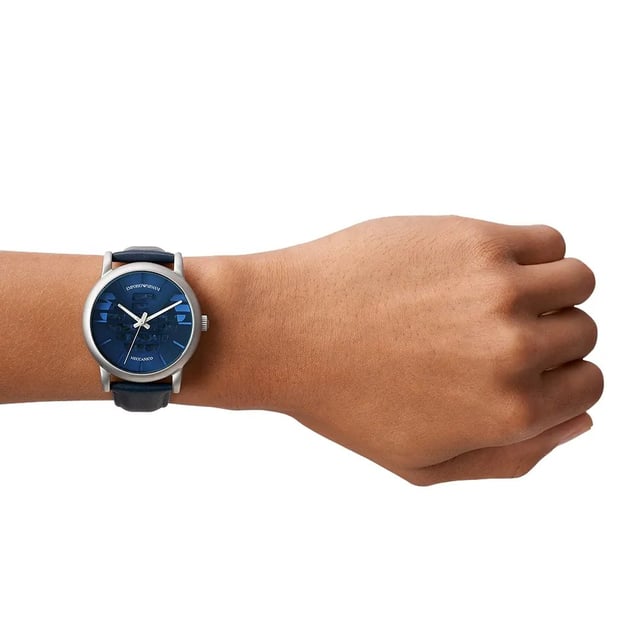Brand: Emporio ArmaniModel Number: AR60030Case Width: 43mmCase Length: 43mmCase Depth: 13mmCase Material: Stainless SteelCase Shape: CircularMovement: AutomaticDial Colour: SilverStrap Material: LeatherStrap Colour: BlueClasp Type: BuckleCaseback: ExhibitionCrown: Push/PullCrystal: MineralWater Resistance: 50 Metres