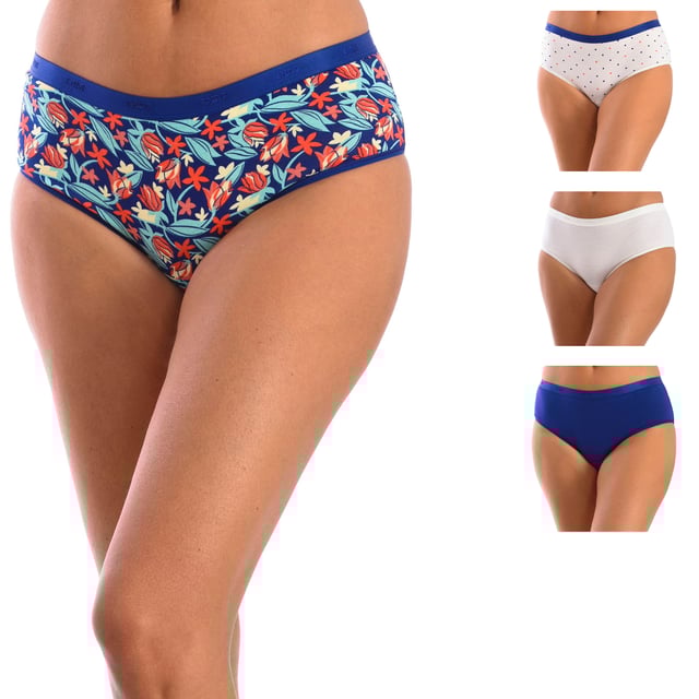 Pack of 5 Panties DIM Cotton Stretch Comfort.
 Rubber waistband.
 Detail of the brand logo embroidered on the waistband.
 Elastic and breathable fabric.
 Tonal interior lining.
 Seams seen in tone.
 The limitless comfort of elastic, soft and extensible cotton.
 The covering and minimalist shape of these women's panties are a basic.
 Made of very soft elastic cotton and with a contrast waistband.
 Eco-responsible initiative.
 Reusable bag.
 Composition: 95% Cotton; 5% Elastane
 Care:
Wash at 40°C.
 Do not use a dryer machine.
 Do not bleach.
 Do not iron