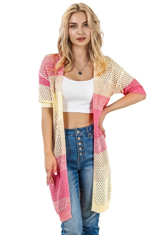 Luxurious Ribbed Short Sleeve Ombre Eyelet Knitted Cardigan
  Designed for women
  Quality materials
  Stylish ribbed texture
  Modern short sleeves
  Eye-catching ombre eyelet design
  Versatile addition to your wardrobe