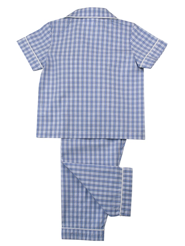Boys mini check PJ set in shades of mid blue. Spring & Summer weight 100% Cotton with short sleeves
Classic traditional styling, engraved pearl effect buttons and contrast piping. With an elastic waist, making them easy to get on and off 
100% Cotton
Elastic waist
Front pocket
Button through top
Machine washable
Contrast piping detail