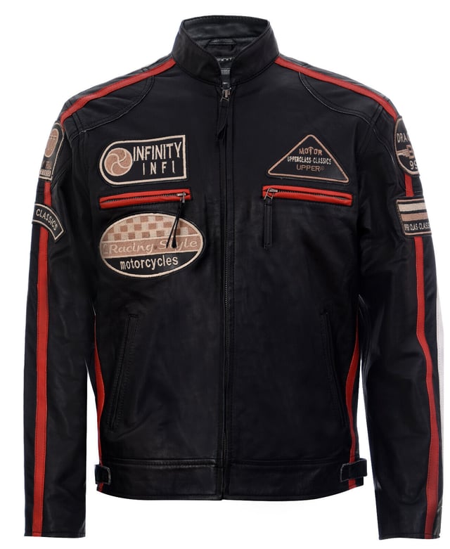 Diese moderne, klassische Jacke ist vom klassischen Biker-Geist durchdrungen und verkörpert den Renngeist mit gestickten Abzeichen und kontrastierenden Doppelstreifen und ist aus weichem, luxuriösem Nappaleder gefertigt. Für zusätzliche Praktikabilität gibt es 2 Brusttaschen mit Reißverschluss und 2 Taschen am Körper. Für eine individuellere Passform kann die Taille angepasst werden. Dieses Kleidungsstück ist praktisch, langlebig und eignet sich für jeden Anlass und ist die perfekte Ergänzung Ihrer Garderobe.