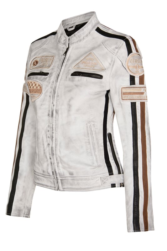 Finished in our premium nappa leather and detailed with our embroidered vintage badges, racing enthusiasts look no further. The classic biker style is leveled up with the addition of twin contrasting racing stripes on the sleeves and a thoughtful placement of racing badges to make this iconic piece. The jacket still stays true to its biker roots with a classic short tab collar and two zip pockets positioned at the breast for a traditional look. For additional storage find two hand pockets at the waist to ensure this jacket is as practical as it is stylish. â€¢ 100% premium ultra-soft nappa leather. â€¢ Four exterior pockets â€¢ Racing style stripes on each of the jacket sleeves â€¢ Full length YKK zip on the front â€¢ Embroidered racing style badges featured across the jacket front and sleeves