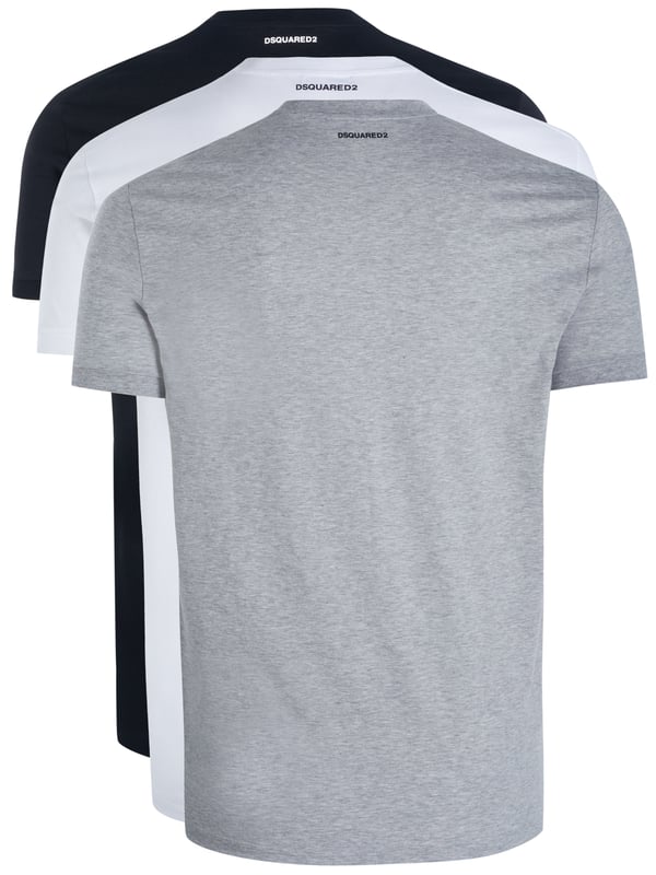 100% algodón; Camiseta/ropa interior Dsquared2;  Modelo: D9X3C2400 999;  Algodón suave;  Cuello redondo, manga corta;  Paquete de 3: 1x blanco 1x gris 1x negro;  Detalles del logotipo de Dsquared2
