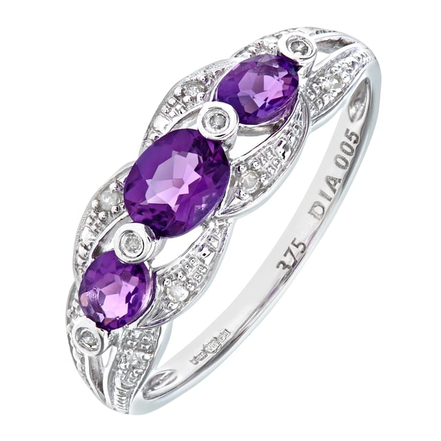 9ct White Gold Amethyst And Diamond Fig Design Ring